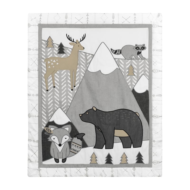Sweet Jojo Designs Beige Grey White Boho Mountain Animal Woodland Forest Friends Unisex Boy Girl 4-pc Nursery Crib Bedding Set