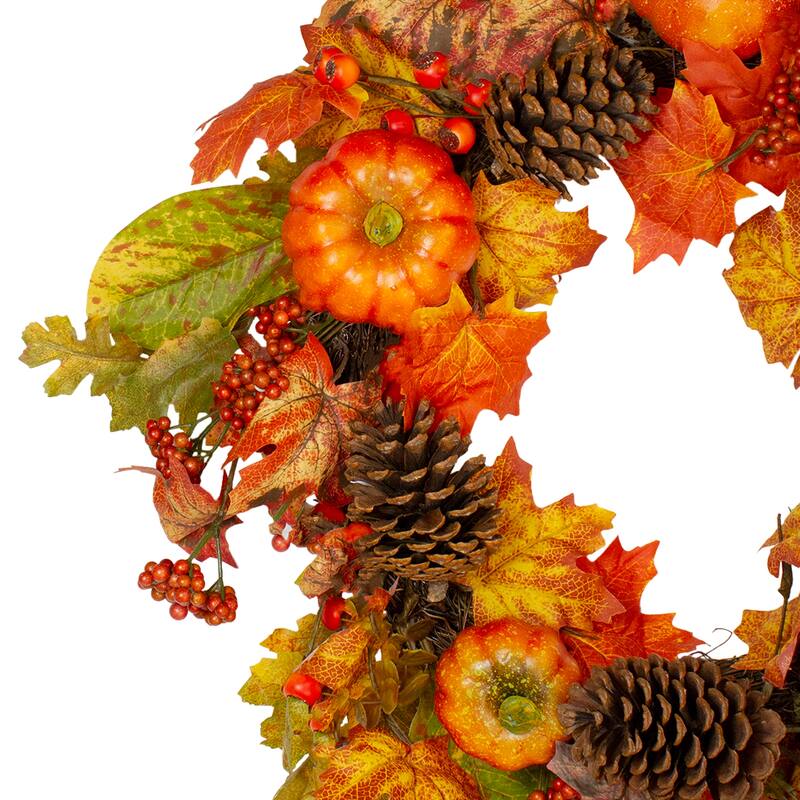 Orange Pumpkins Pine Cones Berries Fall Harvest Wreath - 24 inch Unlit
