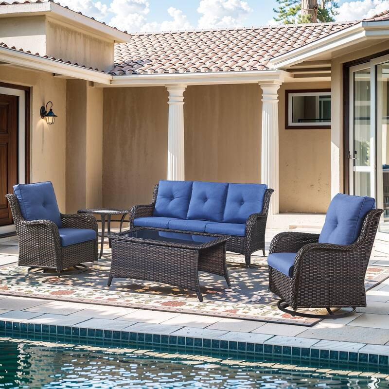 Pocassy 5 Pieces Outdoor 4 Inch Sofa Swivel Chairs Table - Blue cushion - Brown Wicker