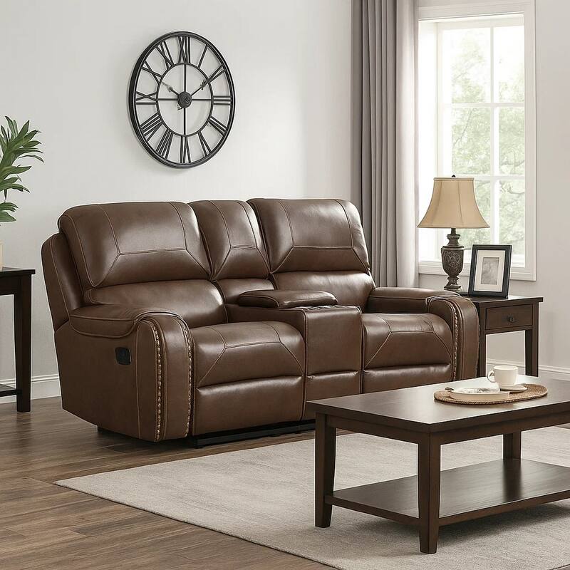 Dean 76 Inch Dual Manual Recliner Loveseat, Cupholders, Brown Faux Leather