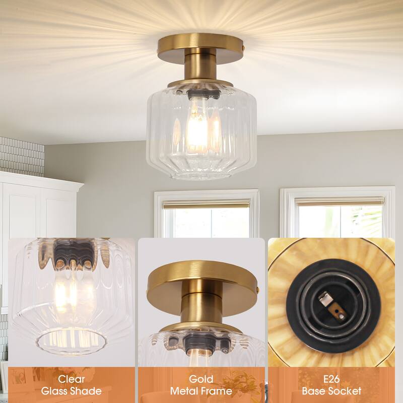Modern Gold Glass Small Semi Flush Mount Ceiling Fixture - D 5.9" x H 7.5"