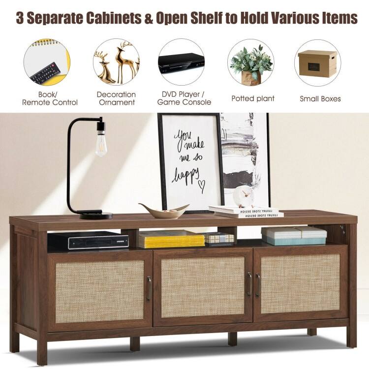 TV Entertainment Center for 65-Inch TVs with Solid Wood Legs and Shelves - 62" x 17.5" x 24.5"