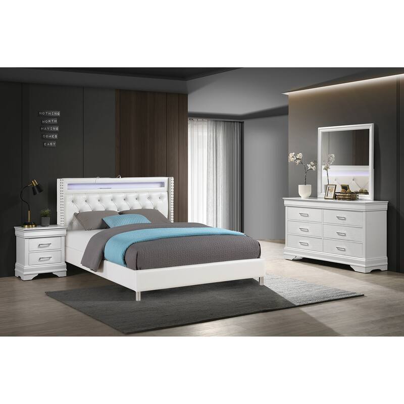 Contemporary Style Bed Set Nailhead Trim Diamond Accent Handles LED Lights White Finish Bedroom Furniture
