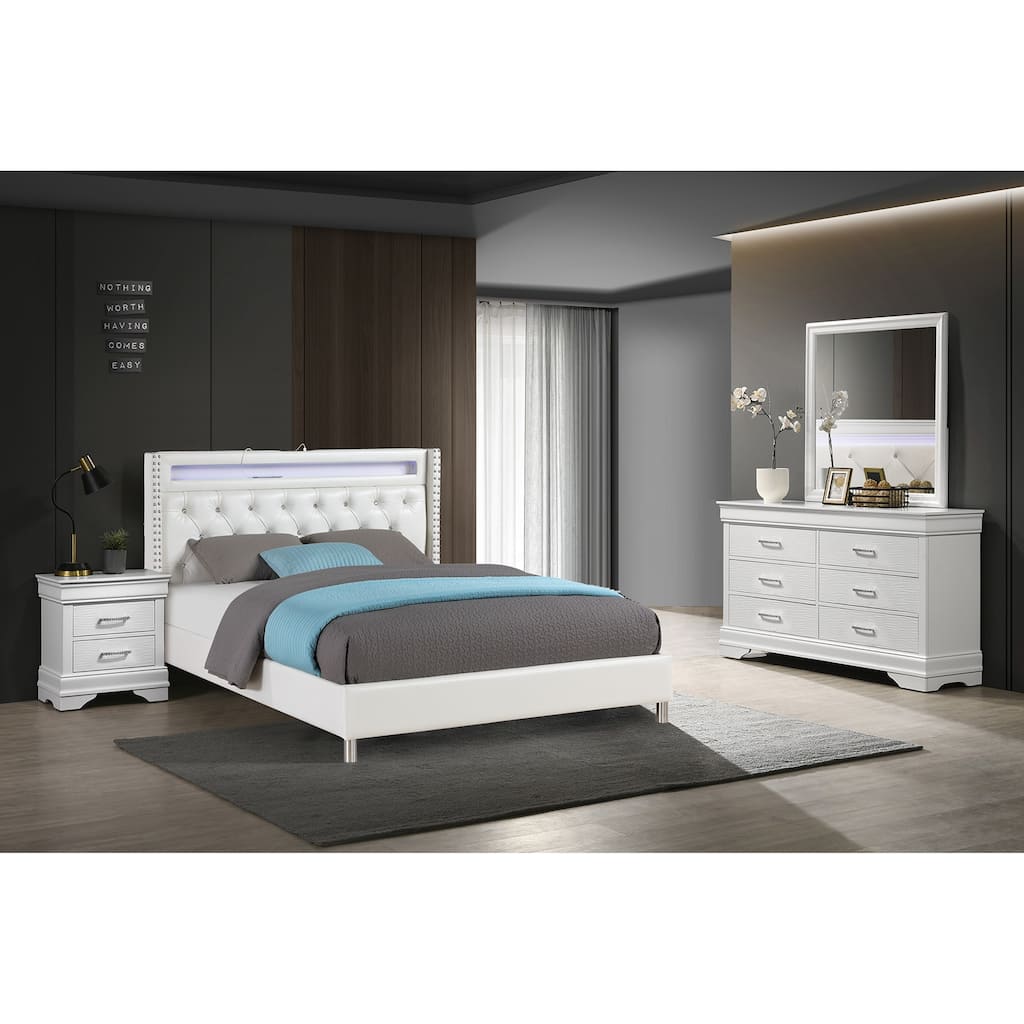 Contemporary Style Bed Set Nailhead Trim Diamond Accent Handles LED Lights White Finish Bedroom Furniture