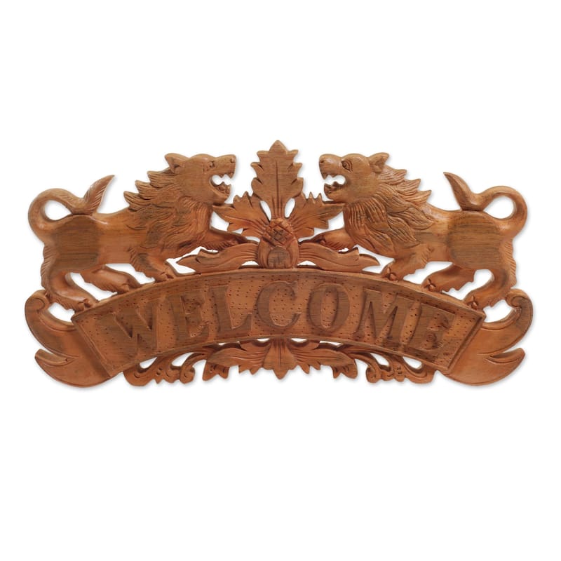 Novica Handmade Welcoming Lions Wood Relief Panel
