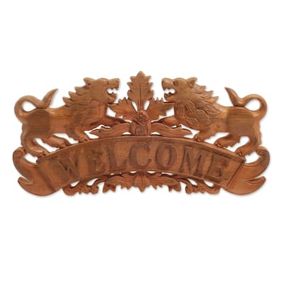 Novica Handmade Welcoming Lions Wood Relief Panel