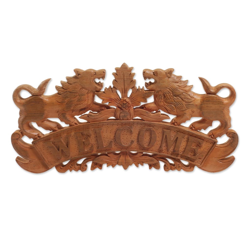 Novica Handmade Welcoming Lions Wood Relief Panel