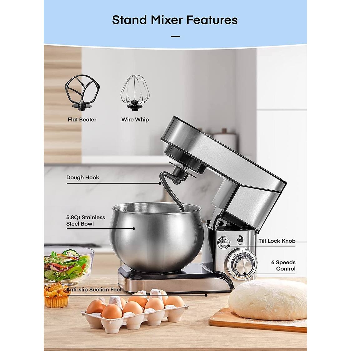 Stand Mixer , 6Speed Stainless Steel Mixer with Dough Hook, Mixing