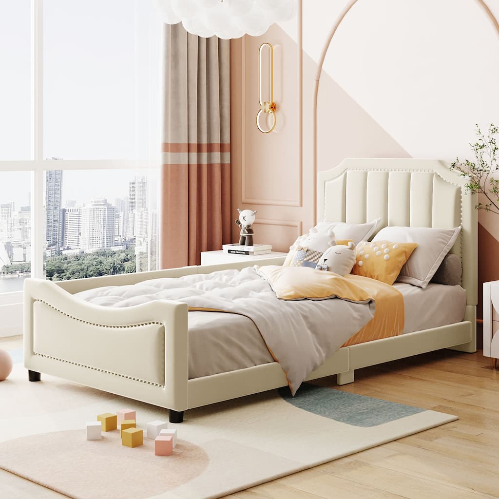 Twin Size Upholstered Daybed with Classic Stripe Headboard in Beige