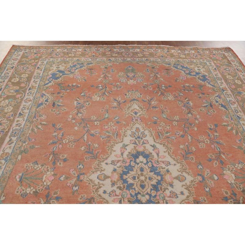 Hand Knotted Oriental 100% Wool Carpet Traditional Floral Coral Mashad Area Rug - 10' 7'' X 8' 0''