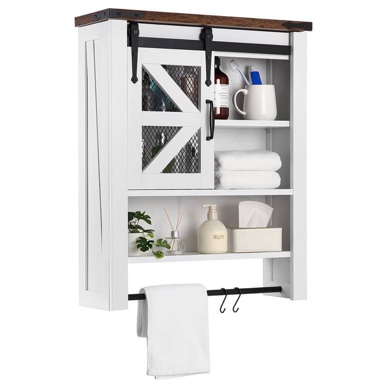 Bathroom Organizer Cabinet with Towels Bar & Hooks & Sliding Barn Door