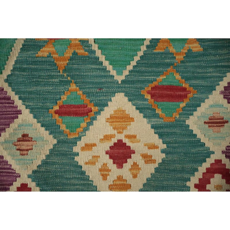 Hand Woven Oriental 100% Wool Carpet Southwestern Tribal Green Kilim Runner Rug - 9' 6'' X 2' 9''