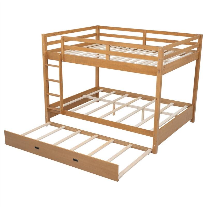 Queen Over Queen Size Bunk Bed with Trundle, Ladder and Guardrail, Wooden Bunk Bedframe with Wood Slats Support for Kids