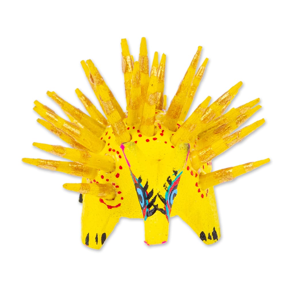 Novica Handmade Cute Porcupine In Yellow Wood Alebrije Figurine