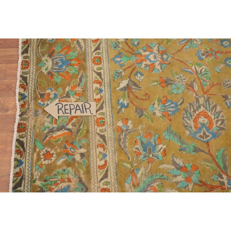 Hand Knotted Oriental 100% Wool Carpet Traditional Floral Yellow & Gold Tabriz Area Rug - 12' 7'' X 9' 7''