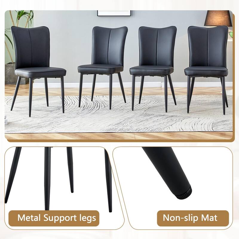 5 Piece Dining Table Set with 42 Inch Round Top Glass Insert and 6 PU Chairs Striped Backrest