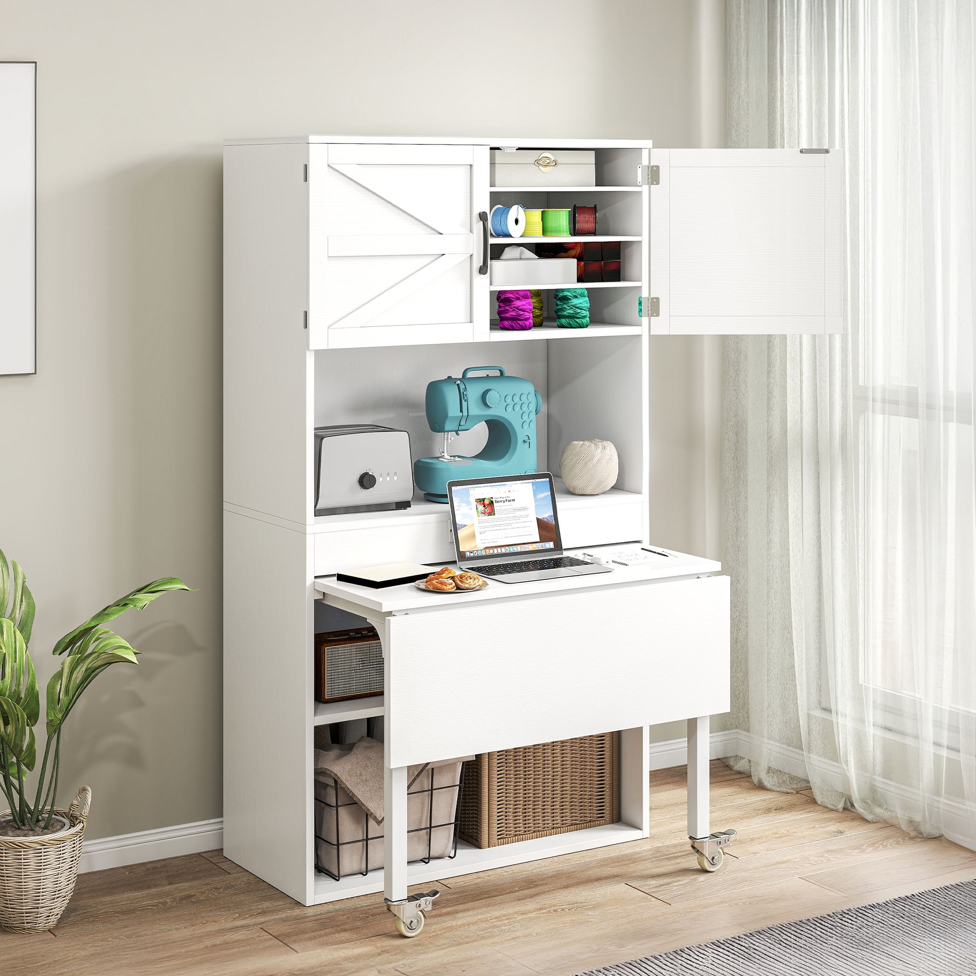 Moasis Expandable Crafting Table with Storage, Artwork Sewing Table with Cabinet and Magnetic Doors & Power Outlets