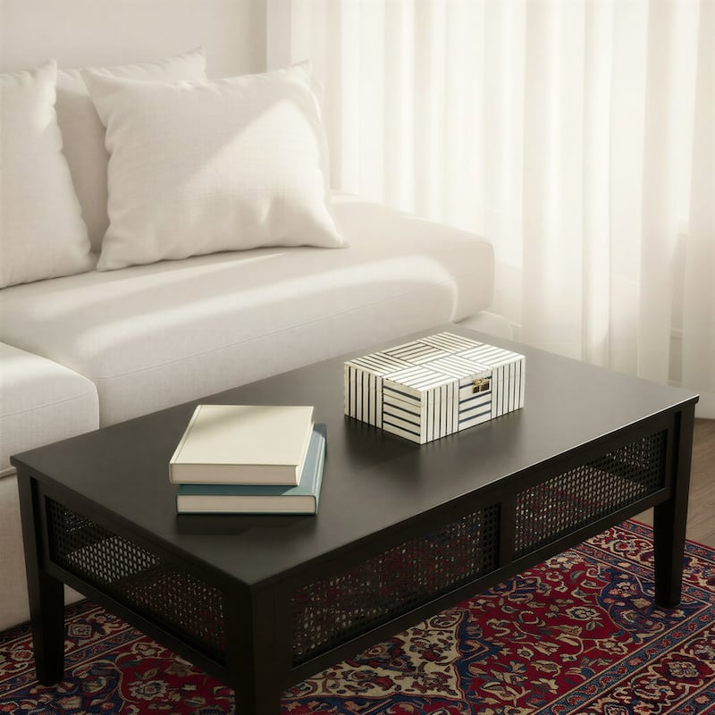 Resin Box with Striped Block Pattern and Gold Clasp - 8.0"L x 6.0"W x 3.0"H - Blue;White