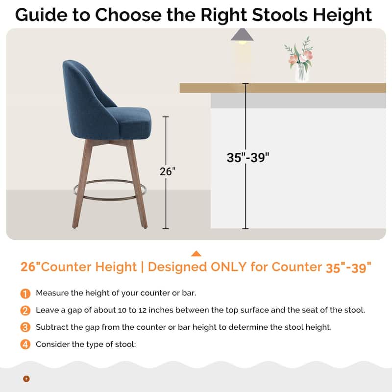 26" Counter Height Swivel Bar Stool, Upholstered Counter Stools - 39.37" (H) x 22.44" (D) x 21.65" (W)