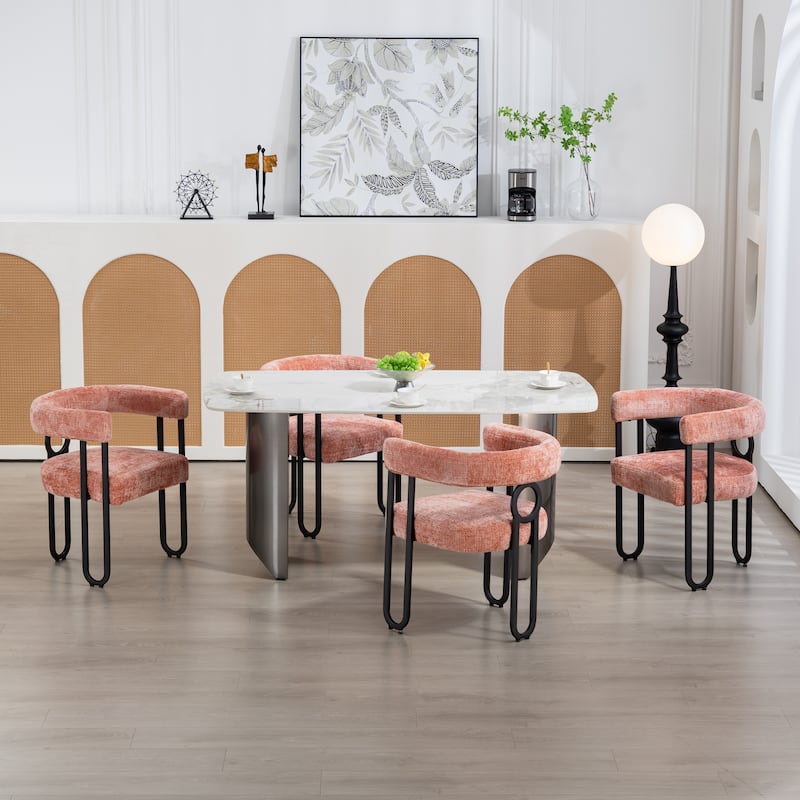 Pink Modern 23.62" Upholstered Barrel Chair with Black Iron Frames for Kitchen (Set of 2)