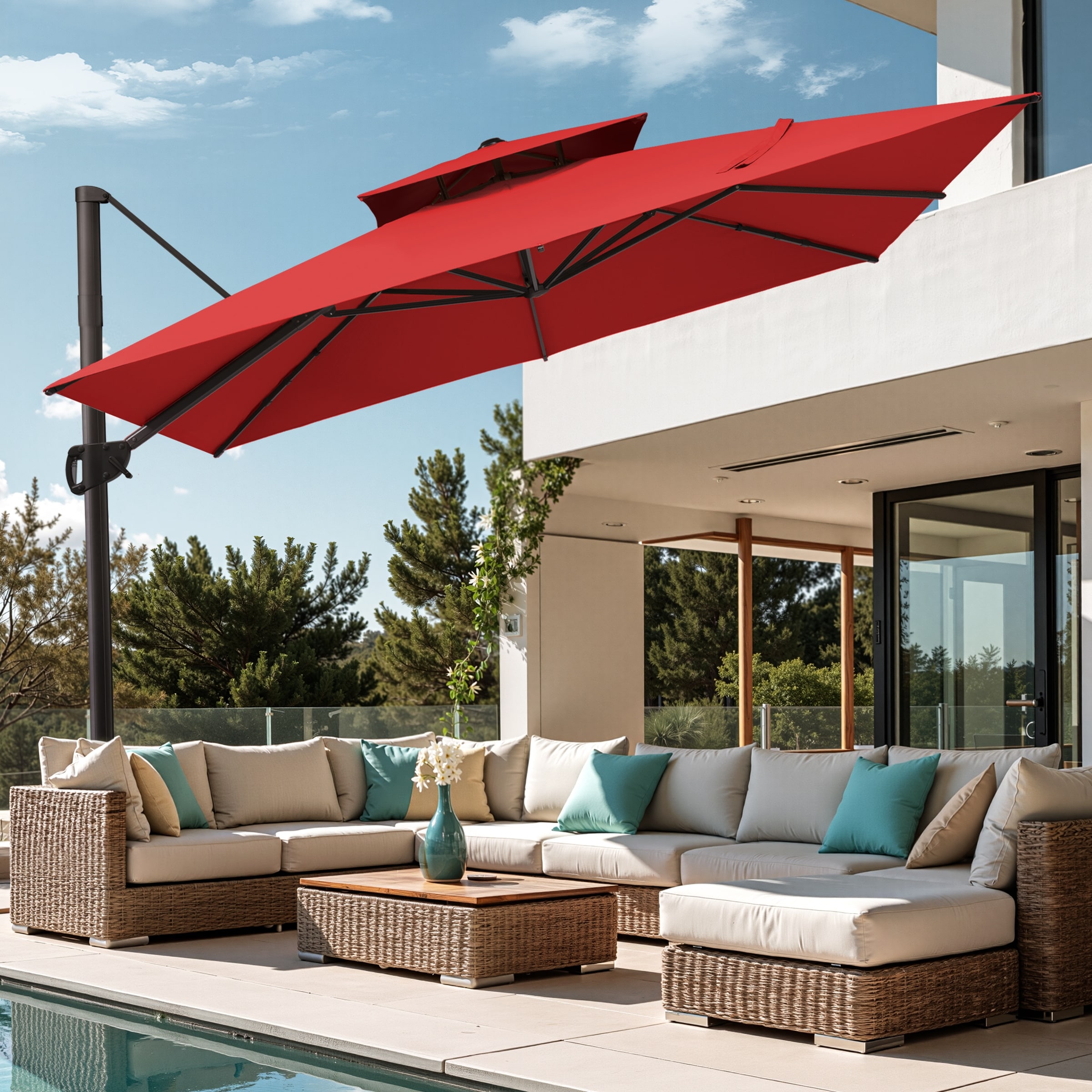 11 double layer patio umbrella Treasure Garden ® ft Octagonal Outdoor (High-Perform degree rotation by foot pedal UV AreShark 11×11FT Double-Top Cantilever Patio