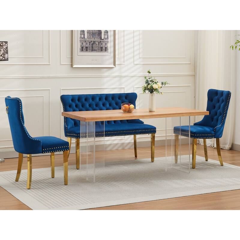 Roomfitters Upholstered Loveseat Bench with Nailhead Trim and Gold Legs, Modern High Back Settee for Dining Room