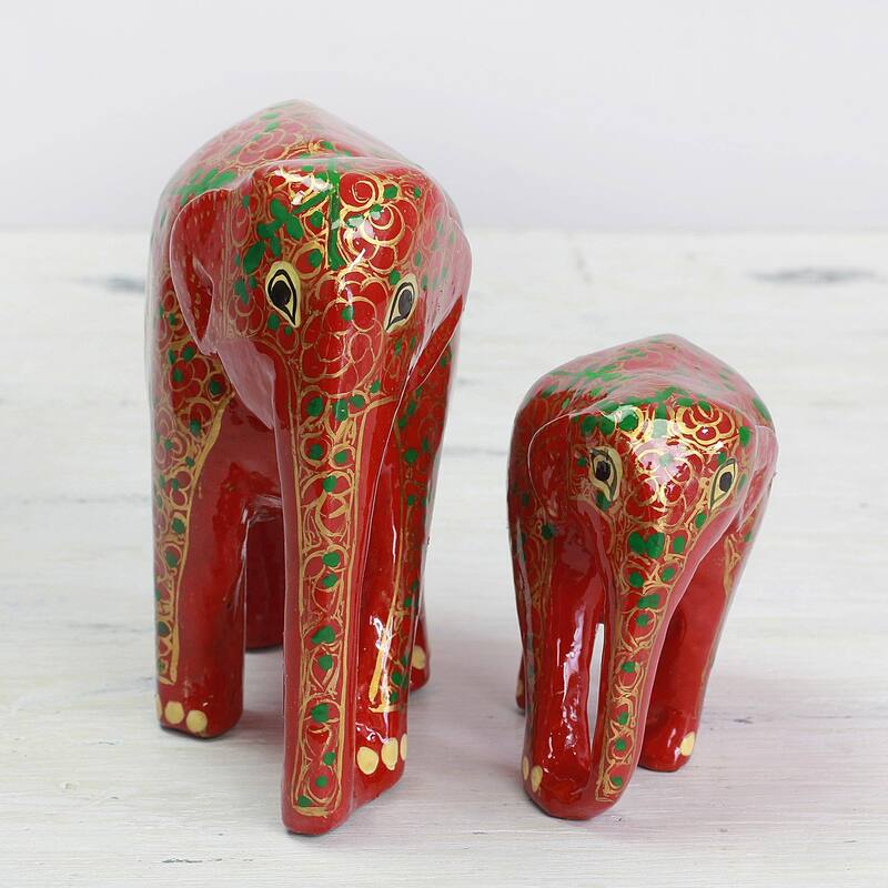 Wood and papier mache sculptures, 'Maternal Glow' (pair) - 4.9" H x 4.9" W x 3" D