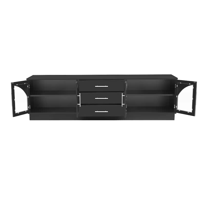 Modern TV Stand with 3 Drawers for TVs up to 75 Inches, Arched Glass Doors TV Cabinet Entertainment Center for Living Room
