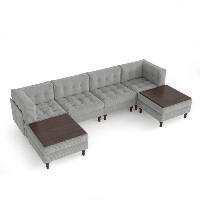 130"W Corduroy Upholstered Modular Sectional Sofa with Storage Ottoman