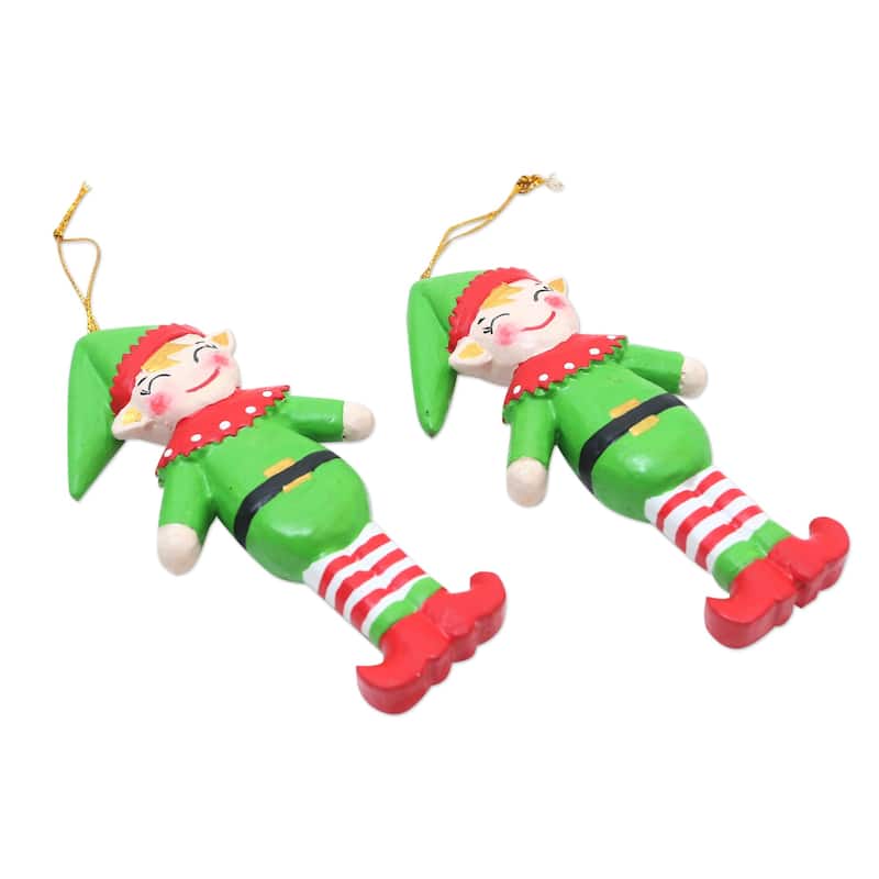 Novica Handmade Happy Elves Wood Holiday Ornaments (Pair) Bed Bath