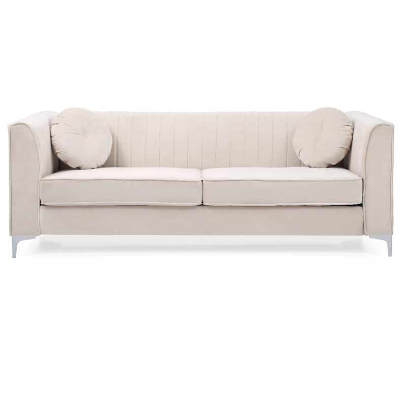 Channel Tufted Velvet 2-Seater Sofa with Throw Pillows - 87" - Beige