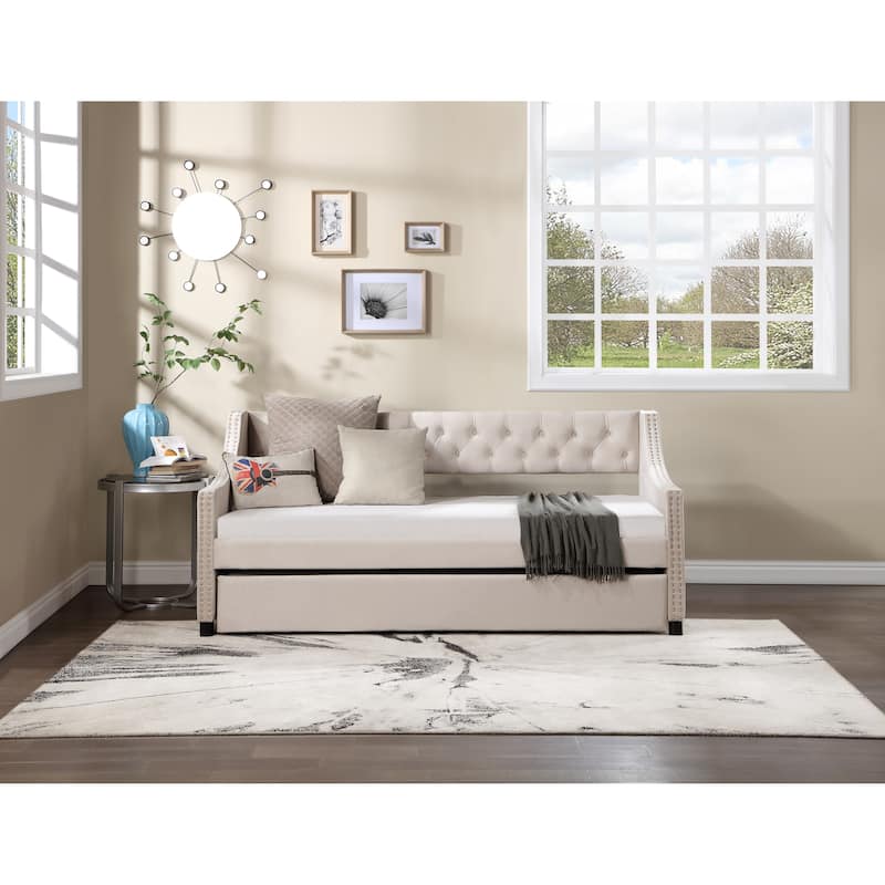 Full Size Daybed with Trundle Upholstered Tufted Sofa Bed, with Button and Copper Nail