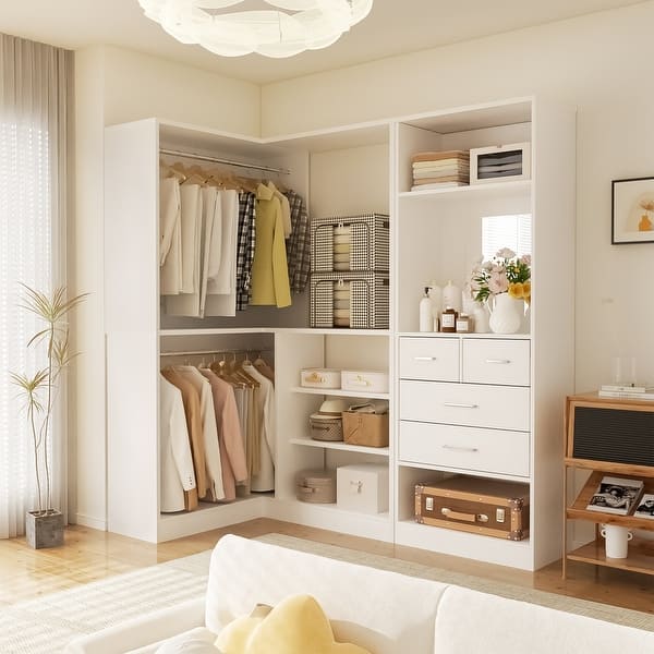 slide 2 of 21, Cimly Set of 2 Corner Closet System with Drawers, Closet Organizer with Hanging Rods and Storage Shelves White