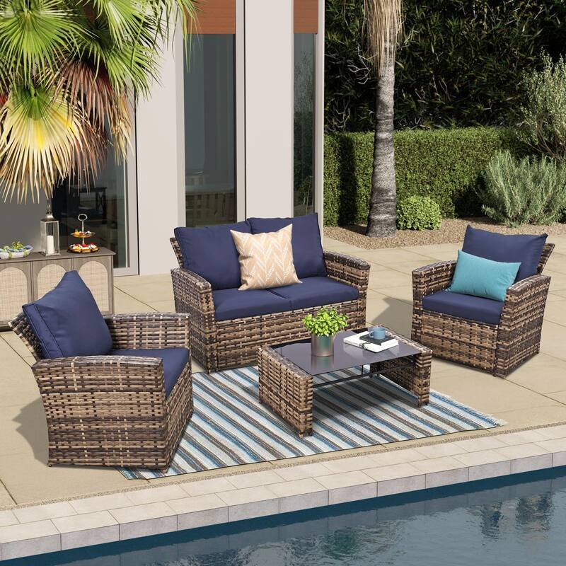 5-Piece Wicker Outdoor Sofa Set with Fire Pit Table