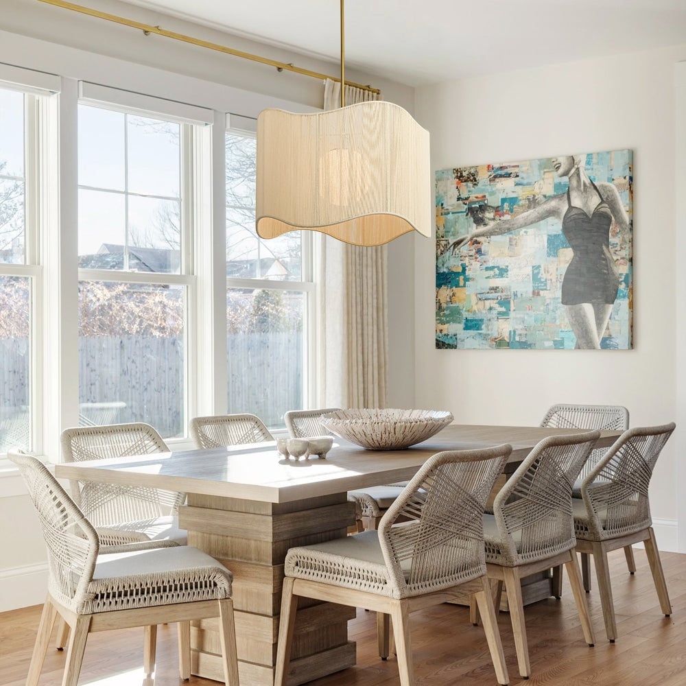 Ivory String Woven Opal Glass Globe Round Drum Lantern Chandelier