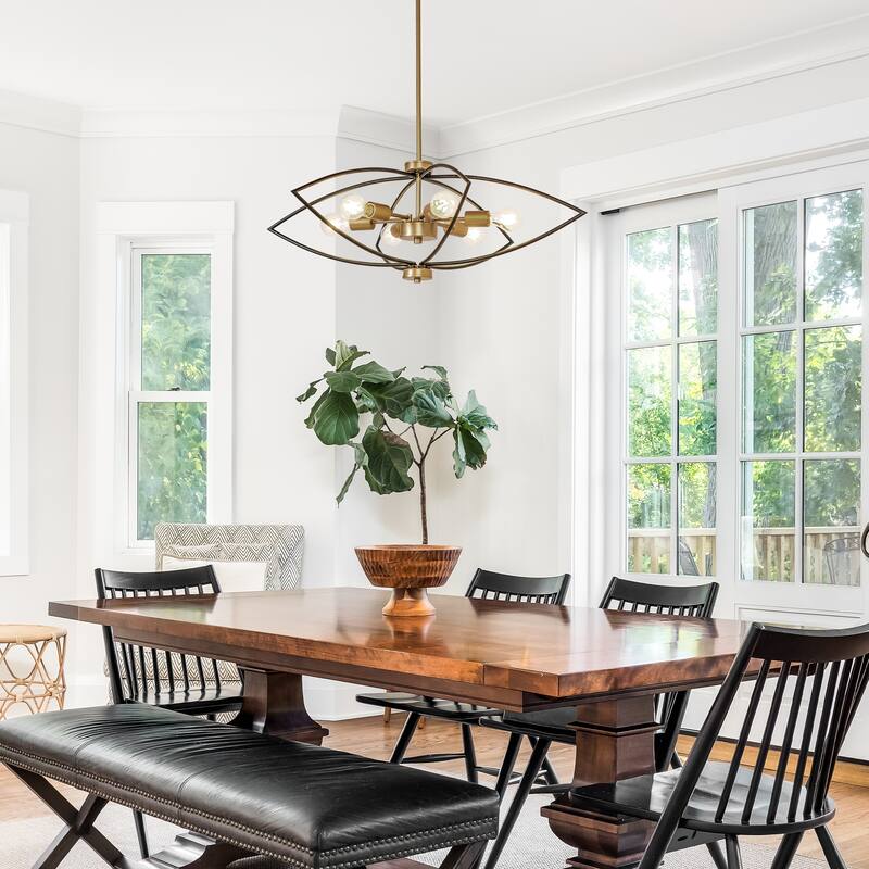 Modern 6-Light Black Gold Chandelier Metal Geometric Lights for Dining Living Foyer Spaces - D 31.5" x H 11.8"