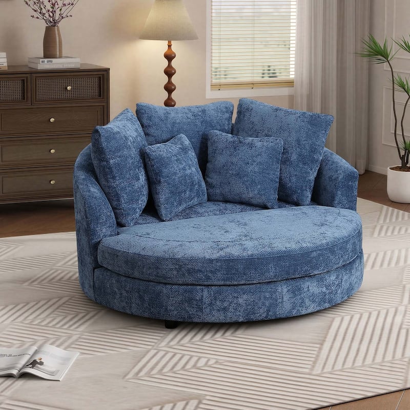 59.8''W Modern Oversized Sofa Chair, Round Accent Barrel Chair With 5 Pillows - Chair/Blue/Chenille