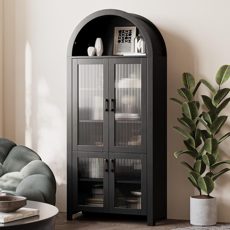 71" Tall Arched Cabinet with Glass Doors, Modern Farmhouse Arched Bookcase Storage with Shelves, Pantry Cabinet