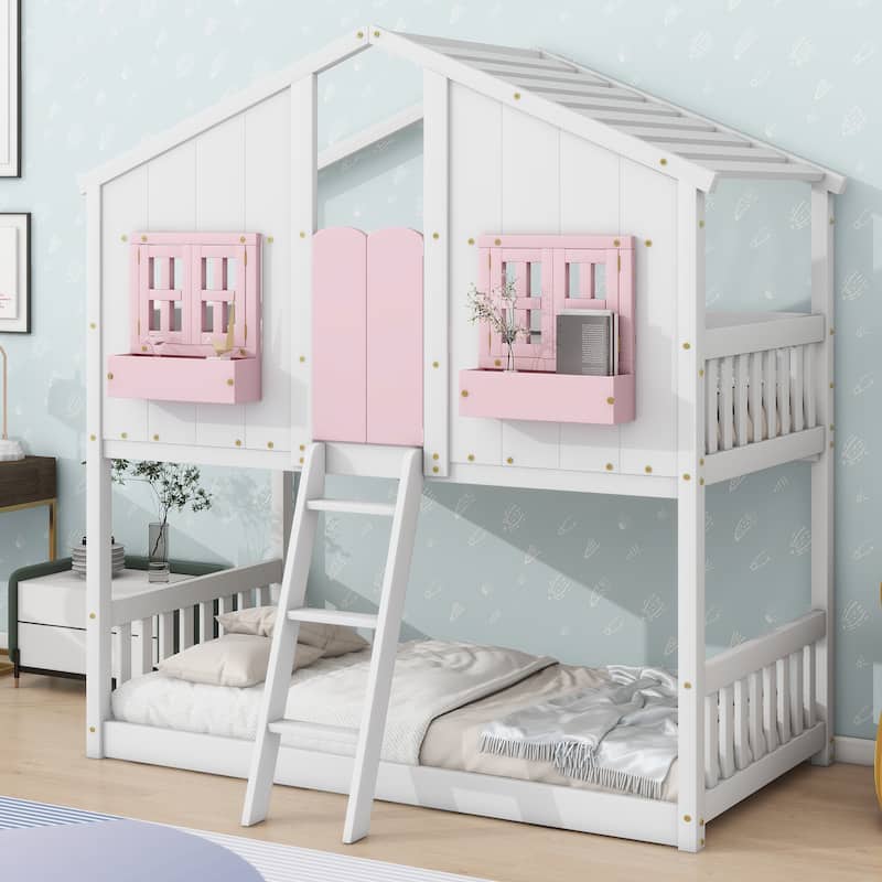 Pink/White Twin Over Twin House Bunk Bed with Roof, Window, Door, Safety Guardrails, and Ladder - Pink+White