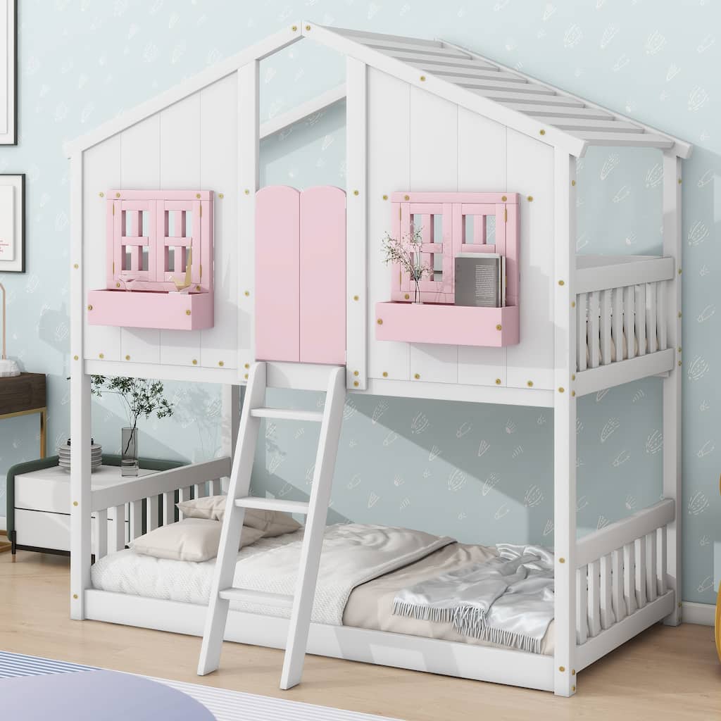 Pink/White Twin Over Twin House Bunk Bed with Roof, Window, Door, Safety Guardrails, and Ladder