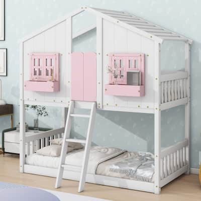 Twin Wood House Bunk Bed with Roof & Safety Guardrails