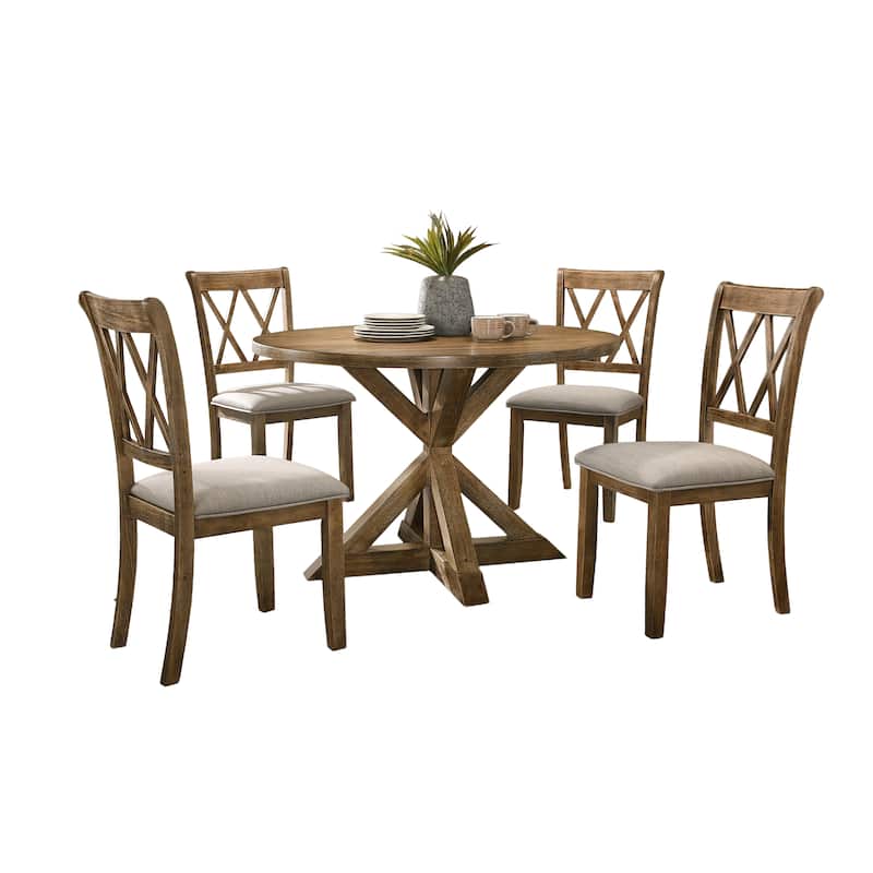 Cross Back Dining Chairs and Round Table, Pedestal Dining Table, Breakfast Nook with Upholstered Chairs - Brown