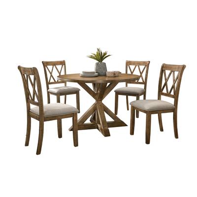 Rustically 5-Piece Wood Dining Set with Round 48" Cross-buck Base Dining Table and Cross Back Upholstered Dining Chairs