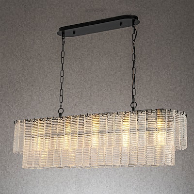 CraftHome 5-Light Rectangle Elegant Ribbed Glass Chandelier in Matte Black Vintage Art Glass Pendant Light For Ktichen Island