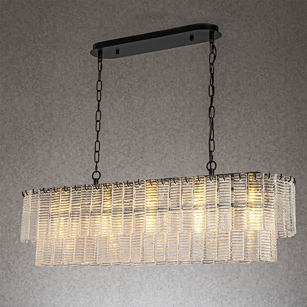 CraftHome 5-Light Rectangle Elegant Ribbed Glass Chandelier in Matte Black Vintage Art Glass Pendant Light For Ktichen Island