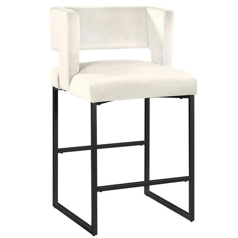 Modern Contemporary 27 Inch Counter Stool Set of 2 with Velvet Upholstery, Black Metal Legs, Kitchen Side Stool