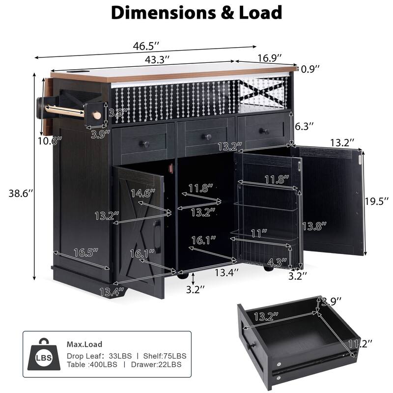 46.5'' Farmhouse Kitchen Island with Drape of Beads, Power Outlet, Drop Leaf, Rolling Wheels, 3 Doors and 3 Drawers
