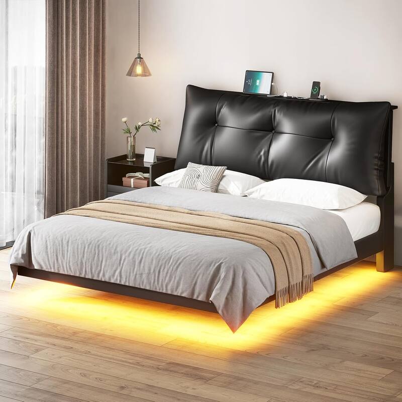 Floating Bed Frame Removable Thick Soft Headboard Charging Station Led Lights - Full