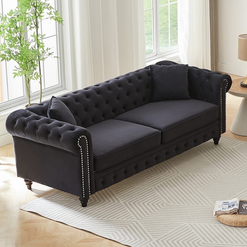 Button Tufted Design Velvet Straight Row Sofa with Nailheads Accent