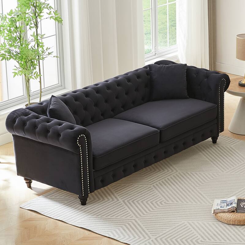 Velvet Chesterfield 3 Seater Sofa, Oversized Button Tufted Upholstered Sofa, Deep Seat Sofa with Rolled Arms & Nailhead Trim